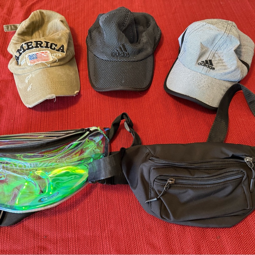 Adidas Black and Gray Caps with Holographic and Black Fanny Packs